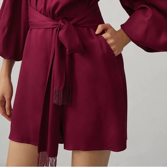 Anthropologie Farm Rio Bell Sleeve Romper V-neck Belt Beads Tassels Plum M NWT - Picture 4 of 7